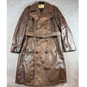 VINTAGE Lakeland Leather Trench Coat Mens Size 38 Brown Belted Double Breasted